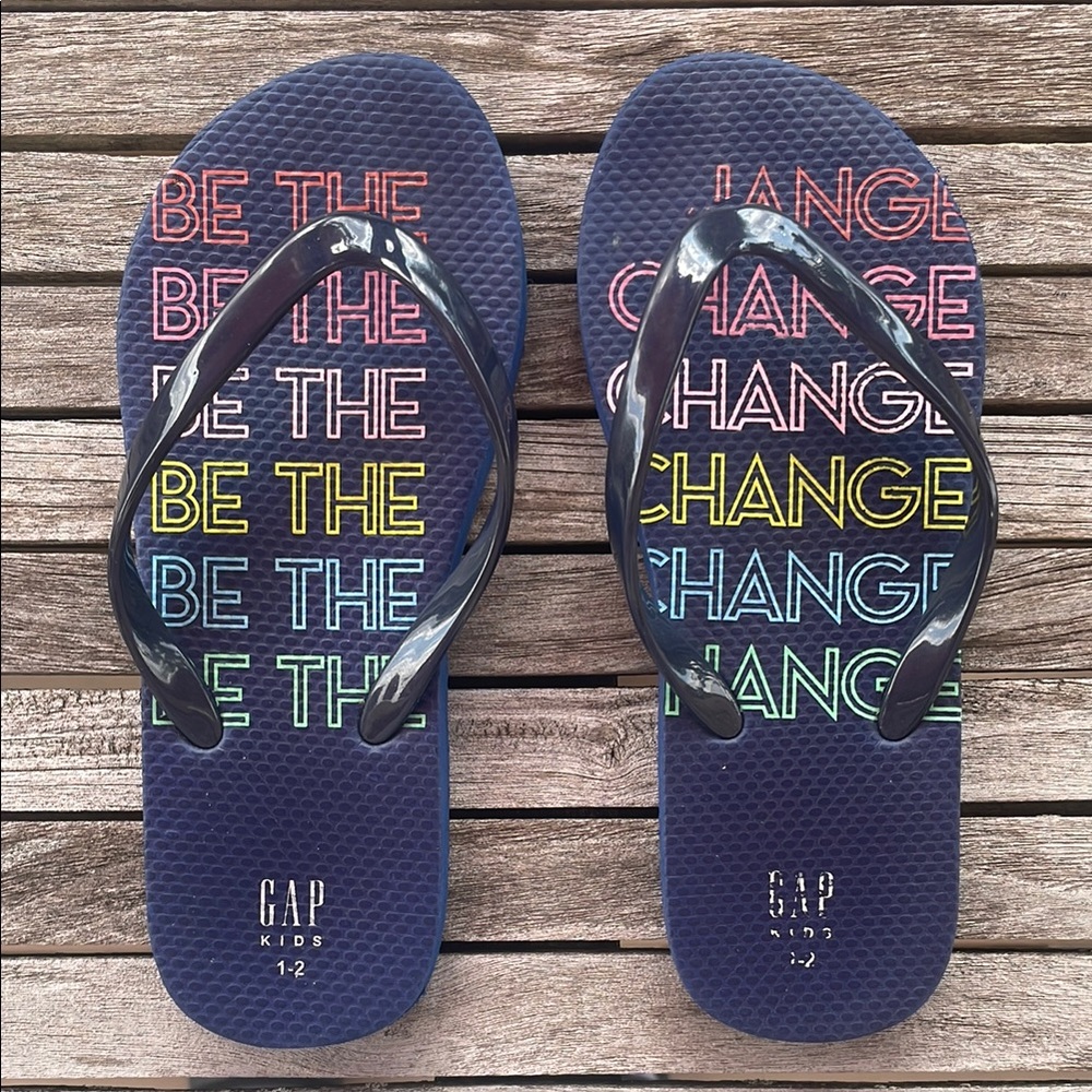 GAP Kids Navy Flip Flops with Multicolor Text